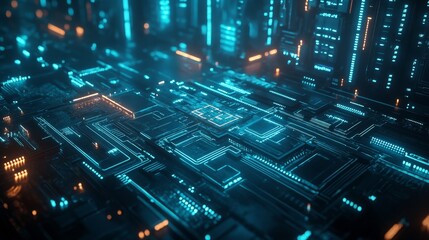 The highly exquisite futuristic circuit board pattern, with blue glowing lines on a dark background, creates a simple and high-tech visual effect, suitable for digital environments.