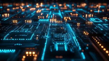 The highly exquisite futuristic circuit board pattern, with blue glowing lines on a dark background, creates a simple and high-tech visual effect, suitable for digital environments.