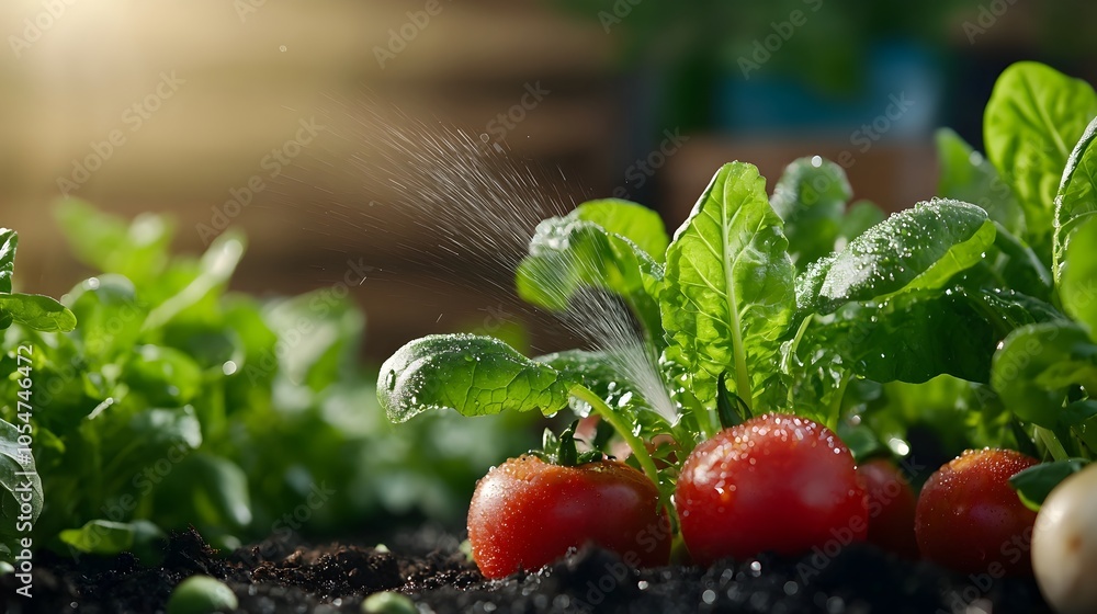 Poster Sunlight filtering through the mist of a garden sprinkler illuminating rows of fresh healthy vegetables with a warm golden fairy like glow