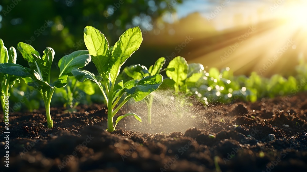 Poster ethereal sunlight filters through the mist of a garden sprinkler illuminating rows of fresh vegetabl