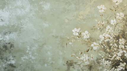 Vintage wallpaper texture in faded olive green with subtle floral motifs, evoking an old-fashioned aesthetic.