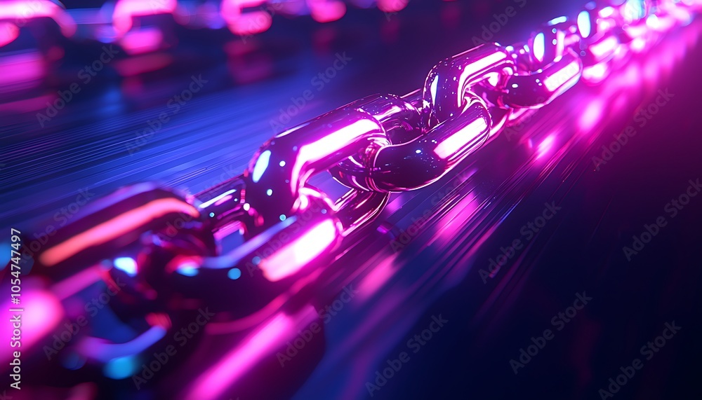 Poster blockchain tech rendered in neon with a prominently glowing digital chain link.