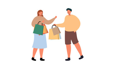 Couple of young man and woman with shopping bags illustration