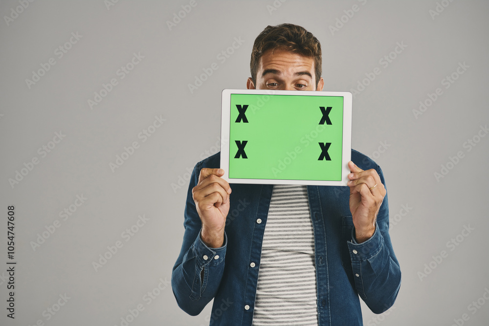 Aufkleber happy, green screen and man with tablet, showing and person on gray studio background. connection, g