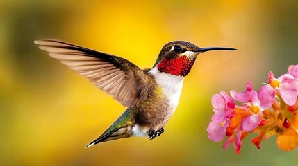 Fototapeta premium A tiny hummingbird hovers mid-flight near a cluster of pink flowers.