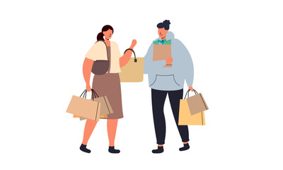 Couple of young man and woman with shopping bags illustration