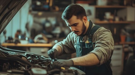 Auto mechanic working on a car in his garage. 