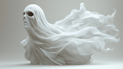 Ethereal white sculpture of a ghostly figure with flowing fabric.