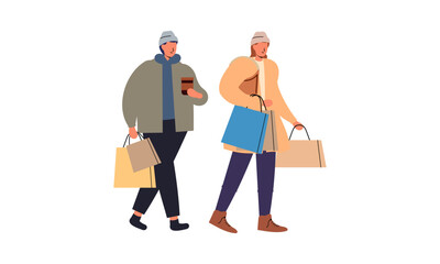 Couple of young man and woman with shopping bags illustration