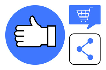 Thumbs up symbol in blue circle, shopping cart speech bubble, and share icon. Ideal for social media, digital marketing, e-commerce, customer engagement, online communication, user feedback