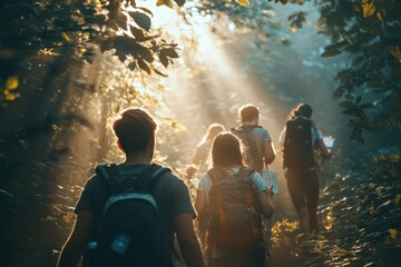 A group of friends hiking through a dense forest trail, with sunlight filtering through the trees