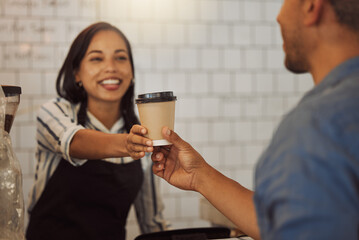 Customer, takeaway and purchase with people in coffee shop for restaurant, barista and espresso. Food industry, diner and bakery with woman and cup in cafe for latte, hospitality and cafeteria