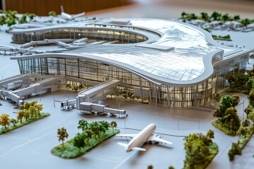 A large-scale 3D architectural plan of a modern airport terminal with sweeping