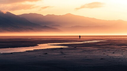 A lone figure walks through a vast, deserted landscape under a dramatic sunset sky.