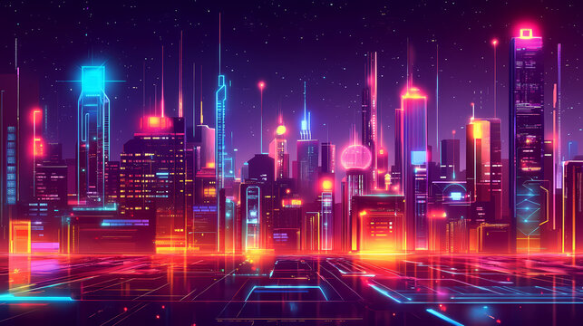 Futuristic smart city with vibrant connectivity networks. Artificial Intelligence Hub. Illustration