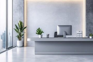 Modern Office Interior with Concrete Walls and City View