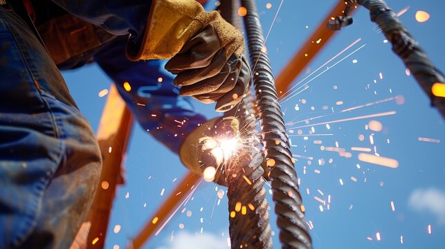 A closeup of a worker wielding a welding torch as they join metal pieces of the turbines support structure.