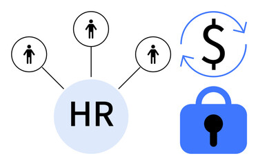 Simple icons connected to HR, people, money, and a lock symbol for security. Ideal for HR management, employee relations, payroll management, data protection, business operations. Flat vector style