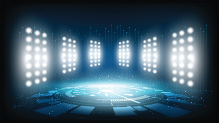 Abstract technology background stadium stage hall with scenic lights of round futuristic technology user interface Blue vector lighting empty stage spotlight background. © Chitsanupong