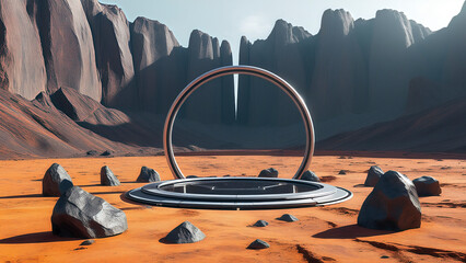 Outdoor alien world launch base platform with circular portal