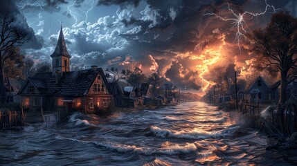 Dramatic Stormy Landscape Illustrating Risk Mitigation with Flooded Village and Lightning Strikes