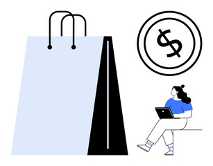 Large shopping bag, dollar symbol, and woman with laptop. Ideal for online shopping, ecommerce, retail business, digital marketing, financial transactions, consumer behavior, mobile commerce. Line
