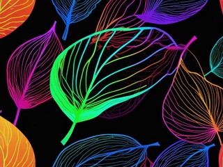 Rainbow neon leaves colorful on black background