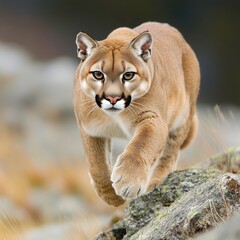A close-up of a mountain lion walking gracefully on rocky terrain.