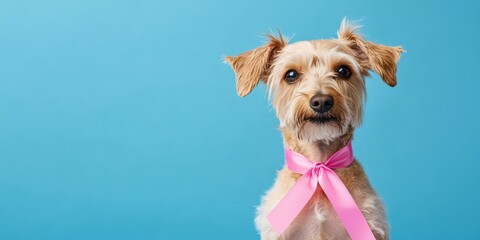 Regal Dog with Pink Ribbon on Paw against Vibrant Blue Backdrop