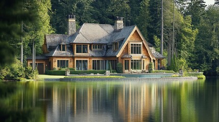 Obraz premium A picturesque lakeside mansion surrounded by trees, reflecting on calm waters.