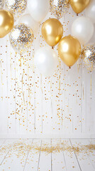 A white background with gold and white balloons hanging from the ceiling. The balloons are scattered all over the background, creating a festive and celebratory atmosphere