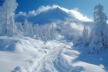 Pure white winter with trees and a large mountain peak blanketed by a thick layer of snow