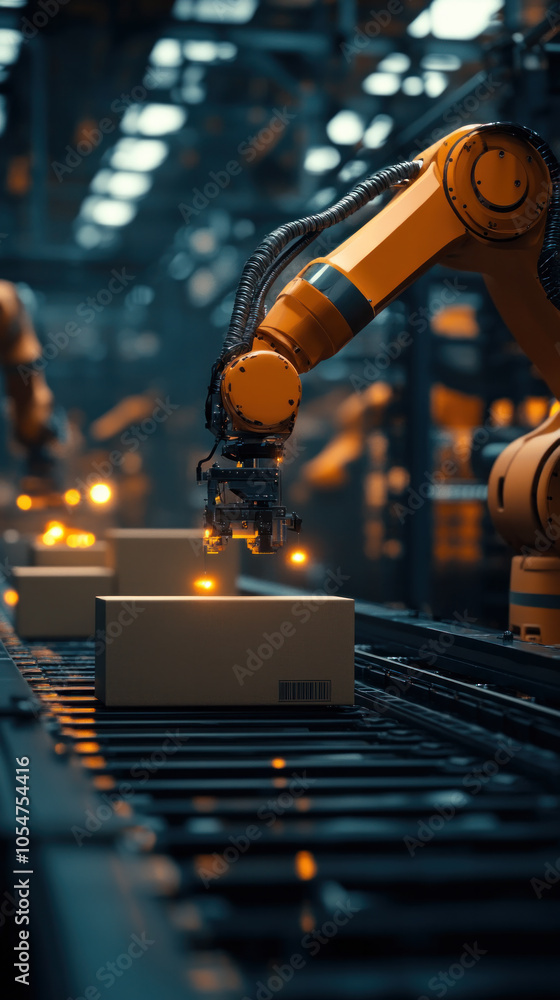 Poster a robot is working on a box in a factory. the robot is orange and has a yellow light on its head. th