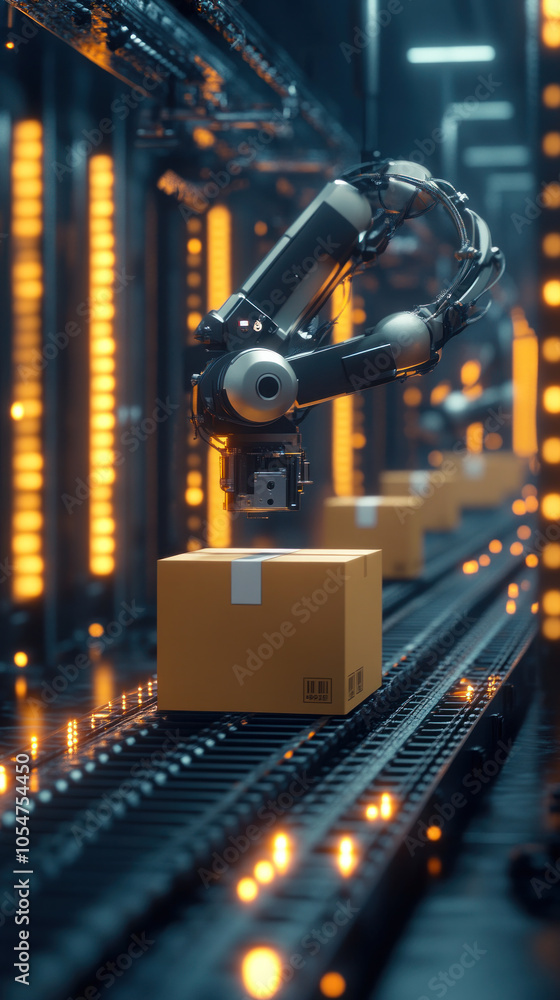 Poster a robot is working on a box in a factory. the robot is surrounded by other robots and boxes. the sce