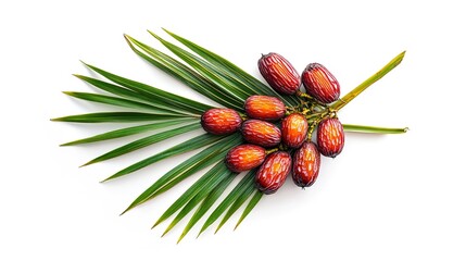 Top view of Phoenix dactylifera or date palm fruit isolated on white background of green nature leaves