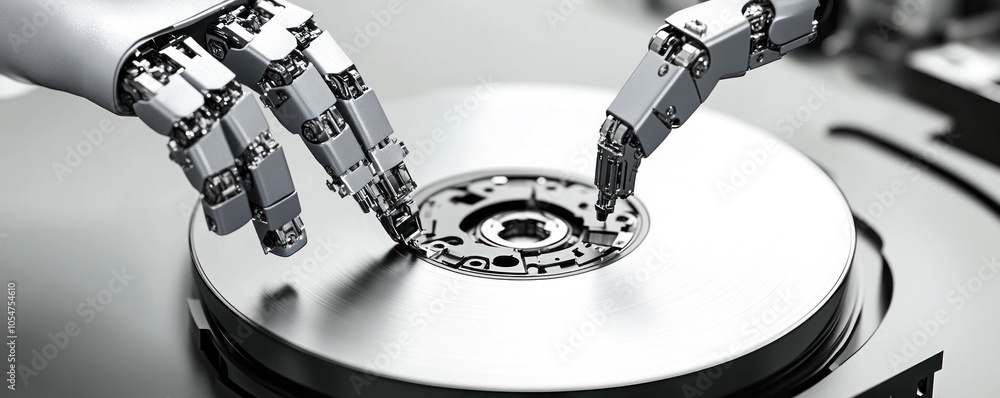 Poster a robot is touching a disk drive. the robot is made of metal and has a mechanical appearance. concep