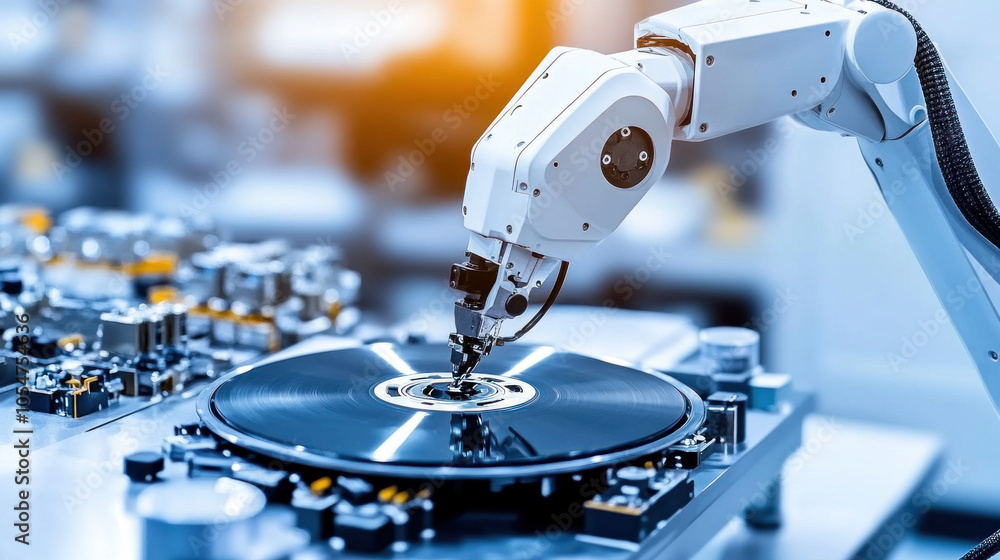 Poster a robot is working on a record player. the robot is white and has a robotic arm. the record player i