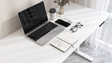 Desktop of modern white stand up desk with laptop computer, smartphone, earphone, notebook and eyeglasses in sunlight from curtain window on beige wall for home office working, product background 3D