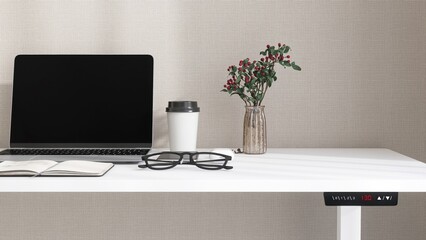 Desktop of modern white stand up desk with laptop computer, smartphone, earphone, notebook and eyeglasses in sunlight from window on beige wall for home office working, product background 3D