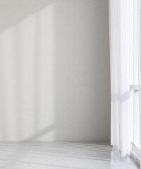 Empty room with light gray wallpaper wall in sunlight from window with sheer fabric curtain on...