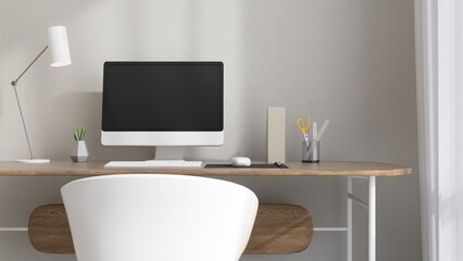 Modern wooden working desk with desktop computer, lamp, stationery, white chair by window in sunlight from sheer curtain on gray wallpaper wall for interior design decoration, product background 3D