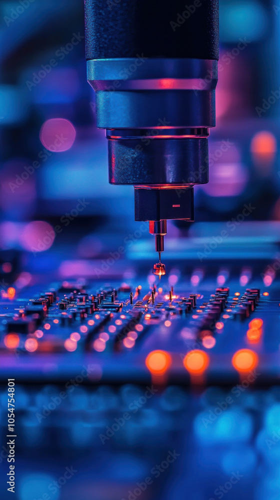 Poster a close up of a computer chip being etched with a needle. the image has a moody, almost eerie feel t