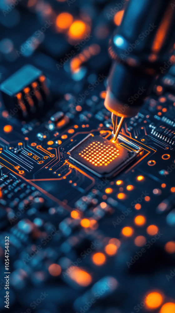 Poster a close up of a computer chip with a soldering iron on it. concept of precision and technical expert