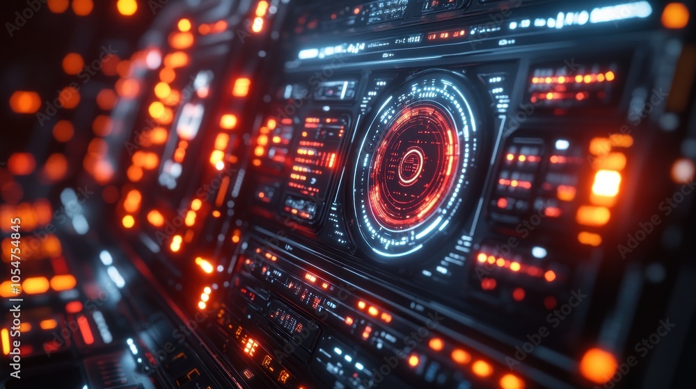 Poster futuristic control panel with glowing interfaces and data displays.