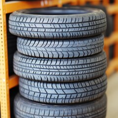A stack of four car tires displayed on a shelf in a storage area.