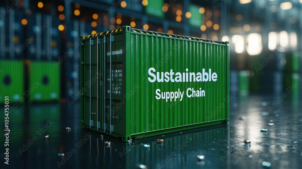 Poster a green container with the word sustainable on it. the container is in a warehouse. the warehouse is