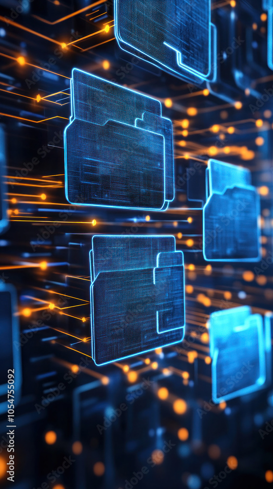 Poster a computer file is shown in a blue and orange color scheme. the image is of a computer file that is 