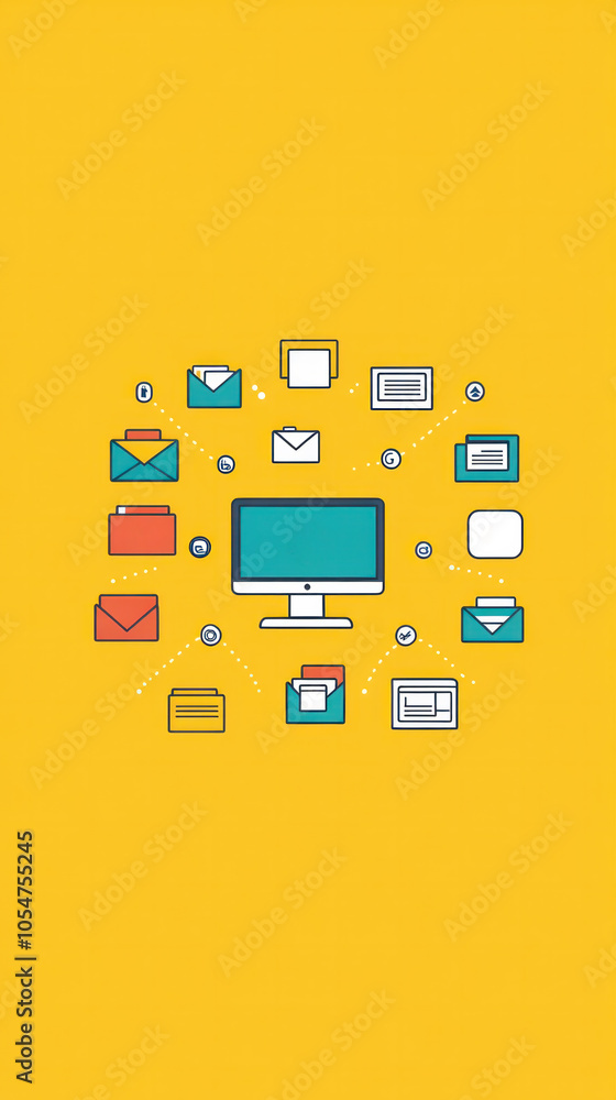 Poster a computer monitor with many emails and other icons surrounding it. concept of a busy workday with m