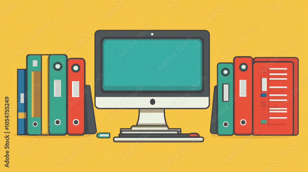 Poster a computer monitor sits on a desk next to a stack of books. the books are of various sizes and color