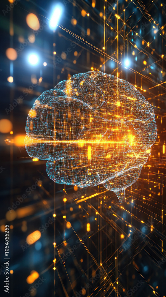 Poster a brain made of computer code is displayed in a bright orange and blue color scheme. the brain is su